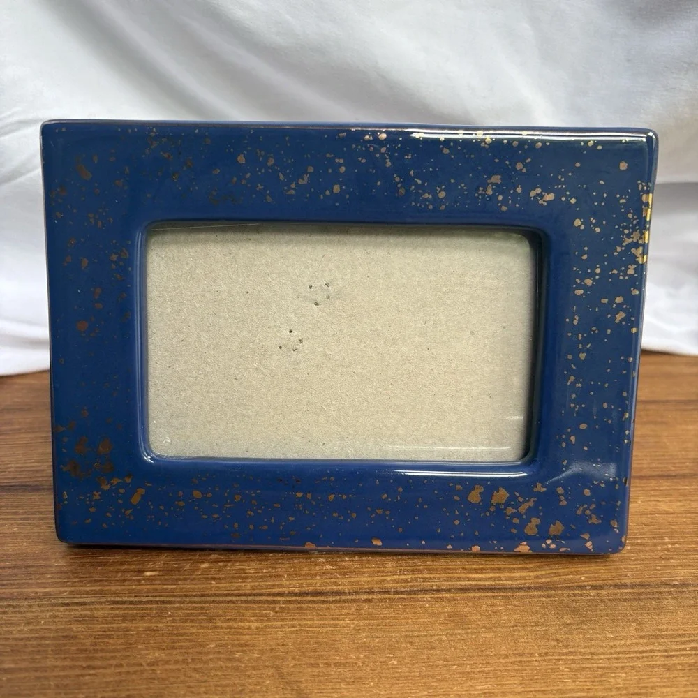 Blue Gold Speckled Ceramic Picture Frame 3.5x5 Freestanding Tabletop
